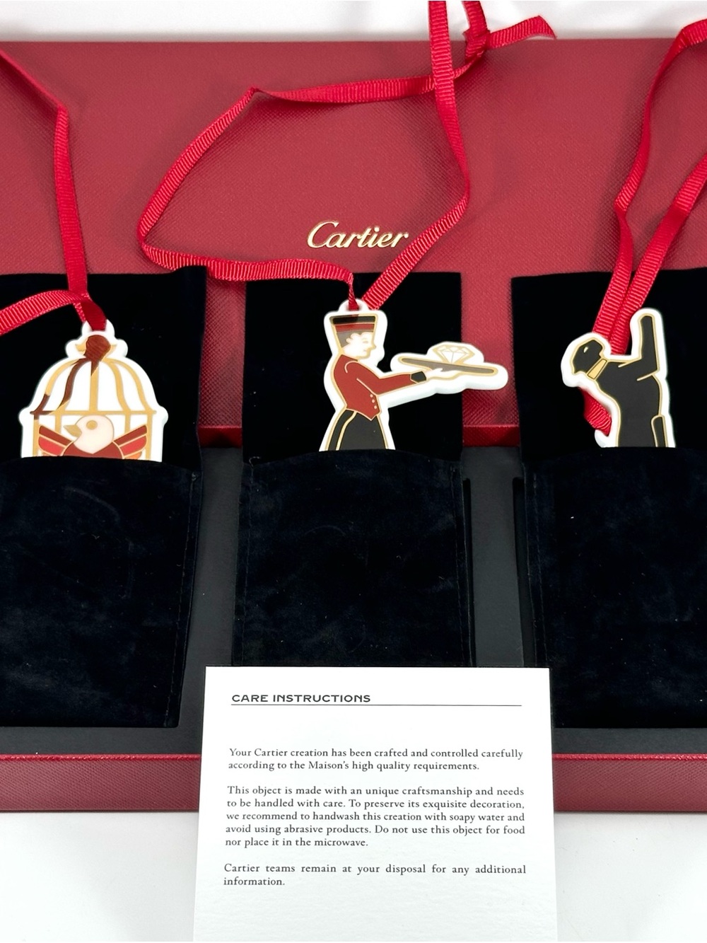 Authentic Cartier Diabolo Porcelain Christmas Ornaments Set 3 Complete Box. NEW